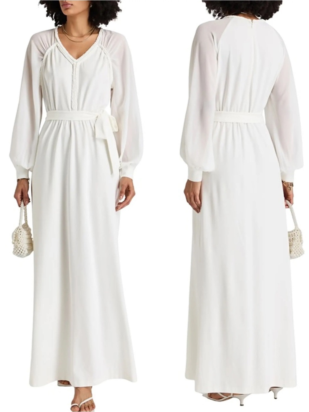 Diane Von Furstenberg Ivory Long-Sleeve Maxi Dress with Tie Waist